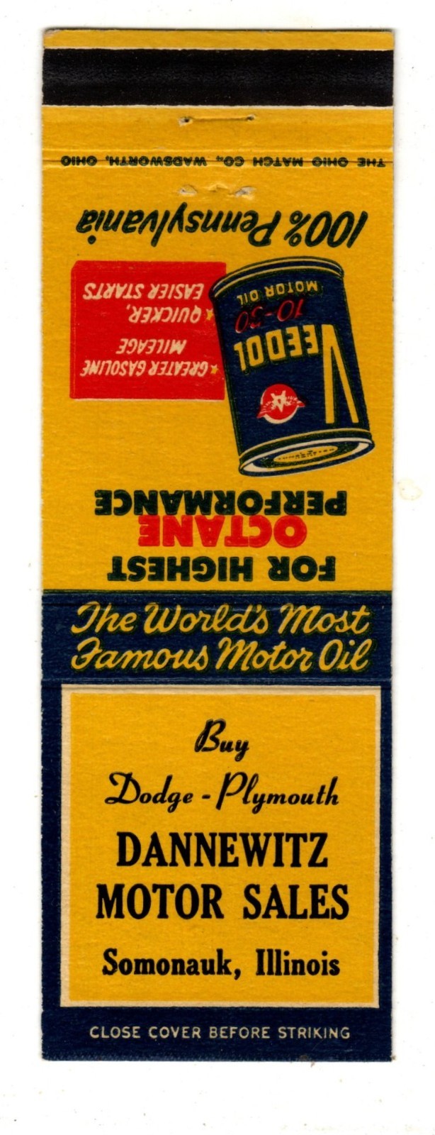 VEEDOL MOTOR OIL matchbook matchcover - DANNEWITZ SALES - SOMONAUK, ILLINOIS VEEDOL MOTOR OIL matchbook matchcover - DANNEWITZ SALES - SOMONAUK, ILLINOIS