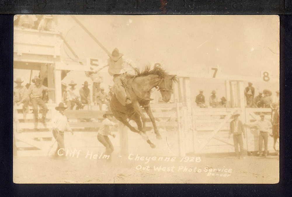 1928 Rodeo Cheyenne WY BRONCO BUSTING Real Photo Postcard RPPC Cliff Helm Cowboy