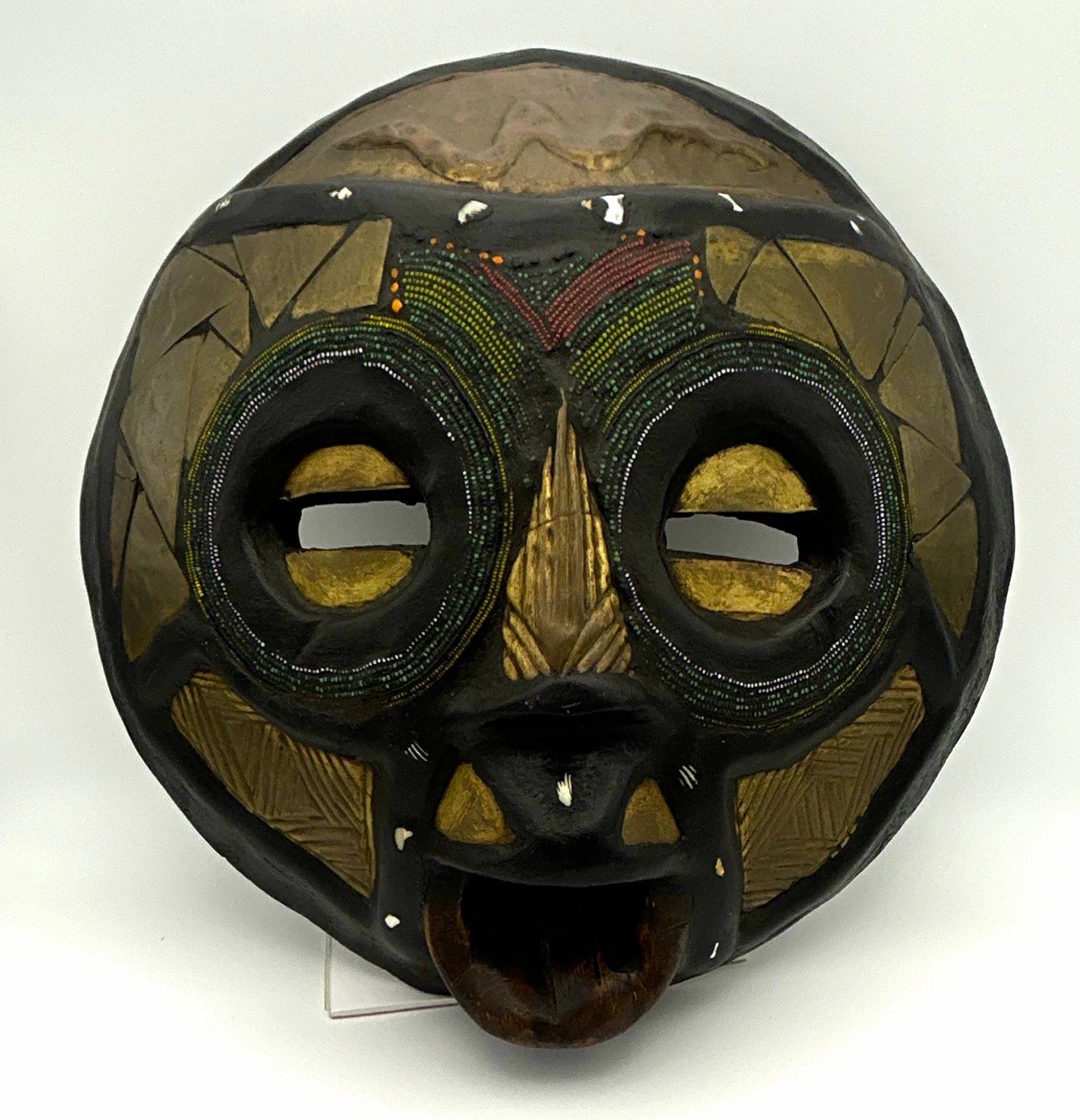 Vintage African Moon Mask Ghana Carved Wood Inlaid Brass Beaded Tribal Wall Art