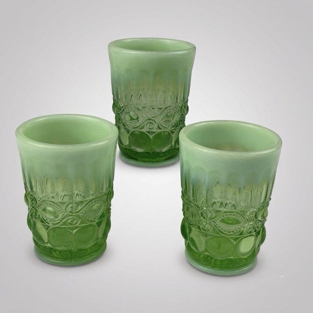 3 Pc Mosser Eye Winker Opalescent Green Tumblers Glass 6.5oz Set of 3 USA