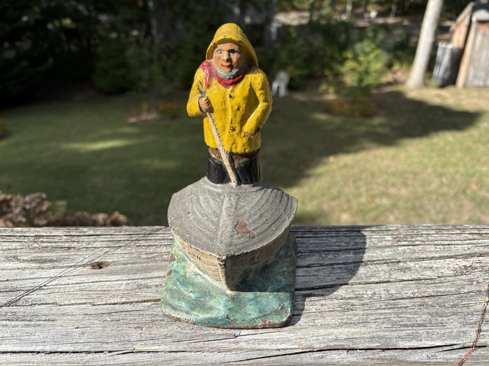 RARE Antique Cap\'n Eri Old Salt Fisherman On A Dory Cast Iron Nautical Doorstop RARE Antique Cap\'n Eri Old Salt Fisherman On A Dory Cast Iron Nautical Doorstop