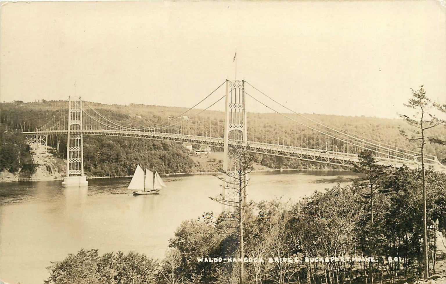 RPPC Waldo-Hancock Bridge Bucksport Maine Schooner Eastern Illustrating Co. RPPC Waldo-Hancock Bridge Bucksport Maine Schooner Eastern Illustrating Co.