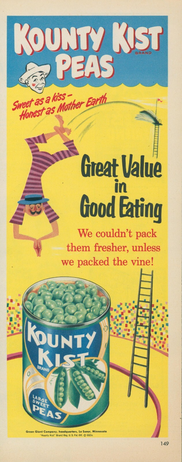 1951 Kounty Kist Peas High Diving Board Diver Circus Act Vintage Print Ad LO7