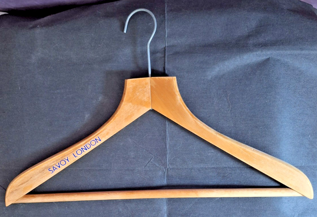 Mid-20th Century SAVOY LONDON wood with steel hook suit hanger trouser bar