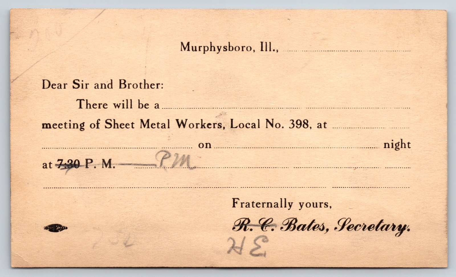 Murphysboro Illinois~Sheet Metal Workers Local 398 Meeting~HE Bates~c1914 Postal