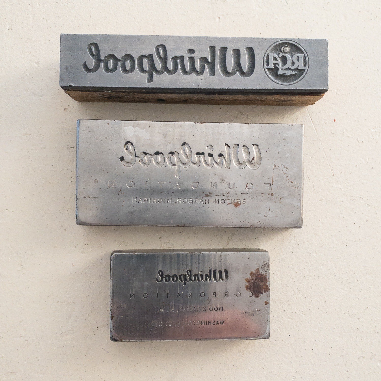 VTG Whirlpool Letterpress Printing Blocks 3pc Silver RCA Foundation Metal Wood