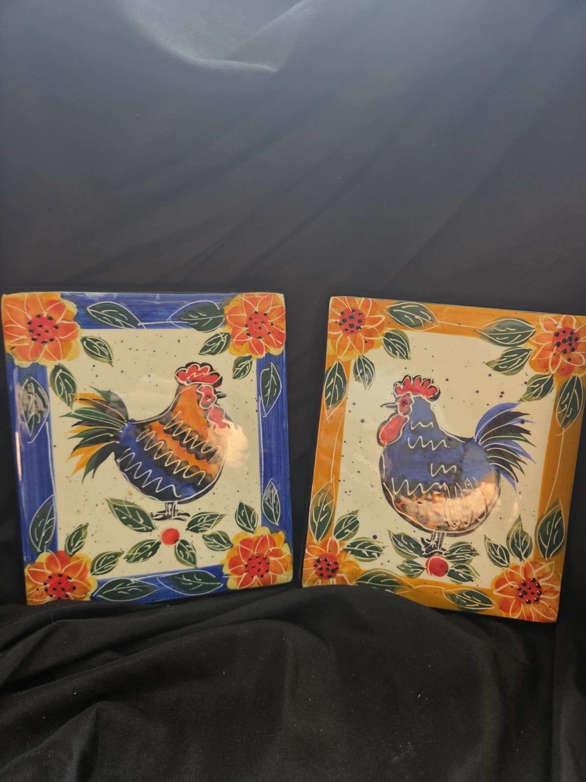 Vintage 2001 Julie Ueland Enesco Rooster Ceramic Trivets Wall Plaques Set of 2 Vintage 2001 Julie Ueland Enesco Rooster Ceramic Trivets Wall Plaques Set of 2