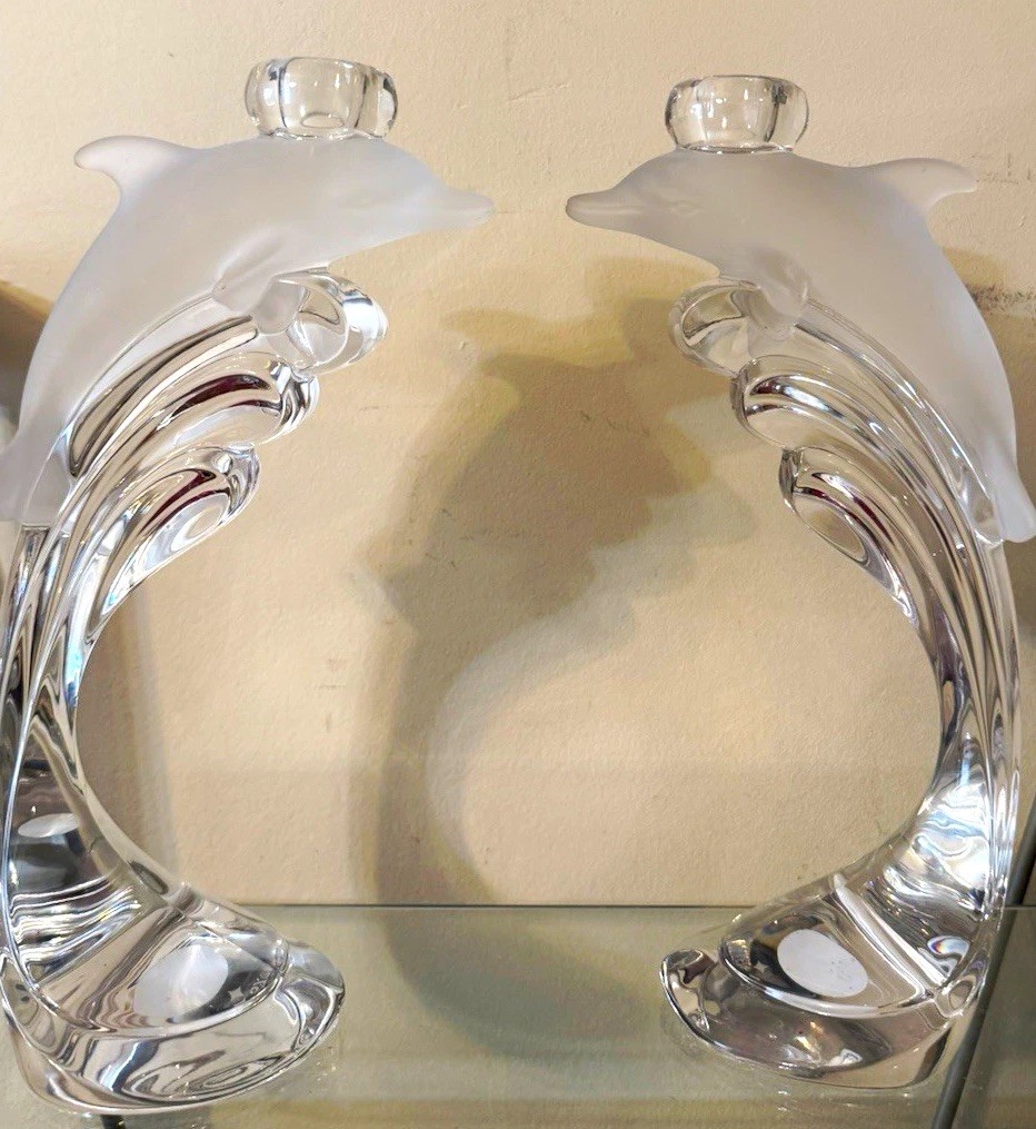 Lenox Fine Crystal Dolphin Taper Candle Holders Pair Frosted Clear Made Germany