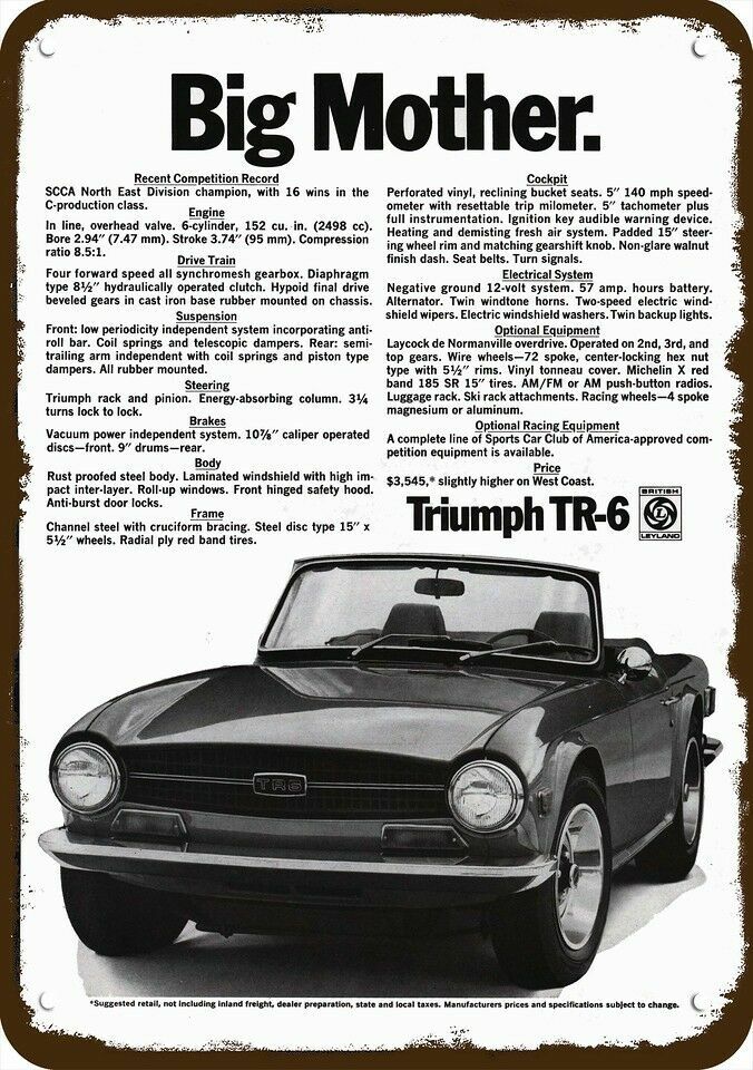 1970 TRIUMPH TR-6 Convertible Car - Big Mother - DECORATIVE REPLICA METAL SIGN 1970 TRIUMPH TR-6 Convertible Car - Big Mother - DECORATIVE REPLICA METAL SIGN