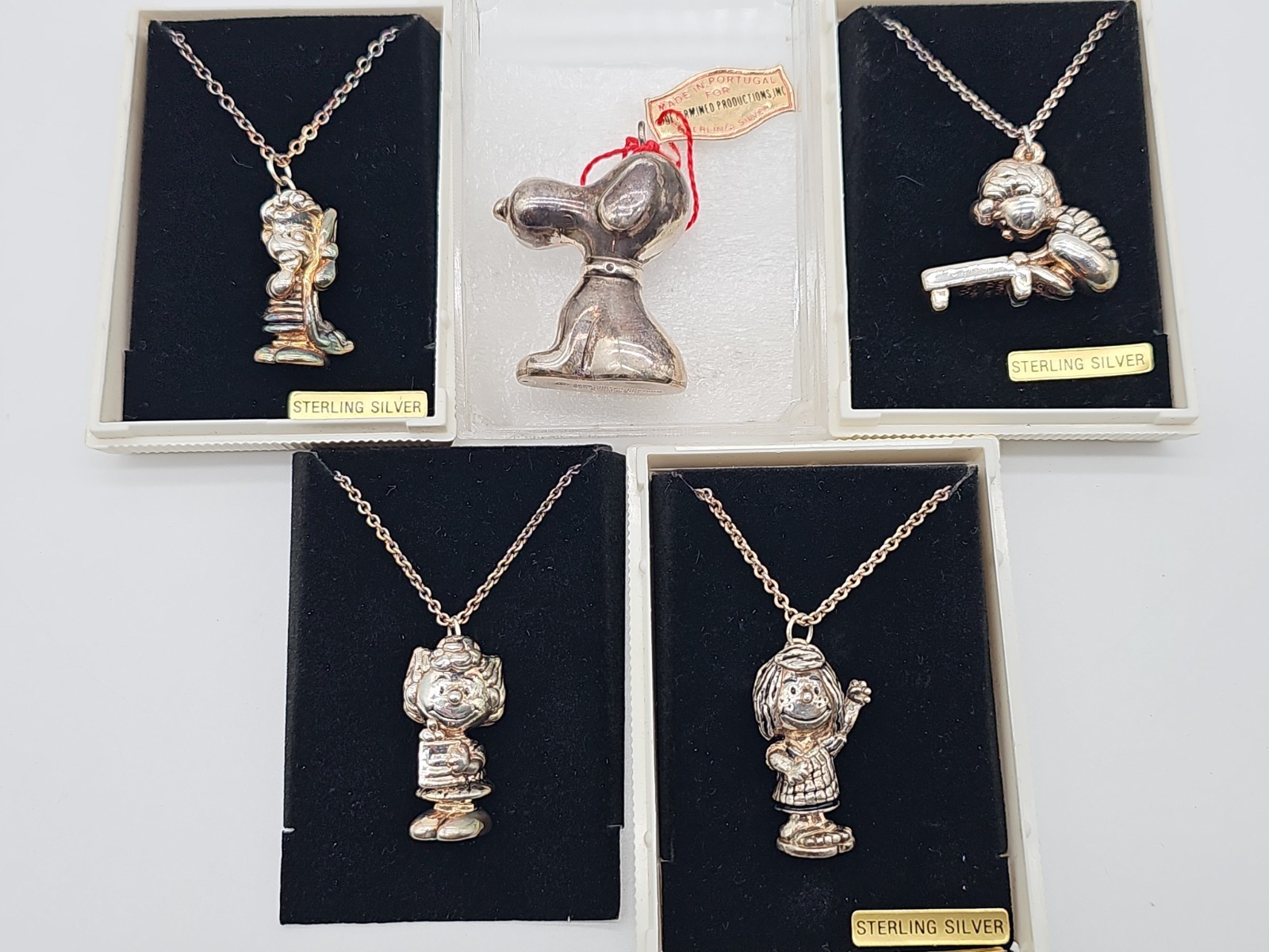 RARE VTG SNOOPY & PEANUTS GANG Sterling Silver Pendant Necklaces UFS 1970s GRAIL