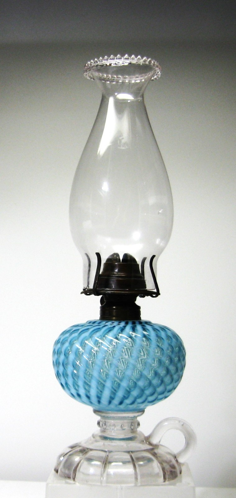 Blue Opalescent ( FINGER ) Sheldon Swirl Art Glass Kerosene Oil Lamp 1880s