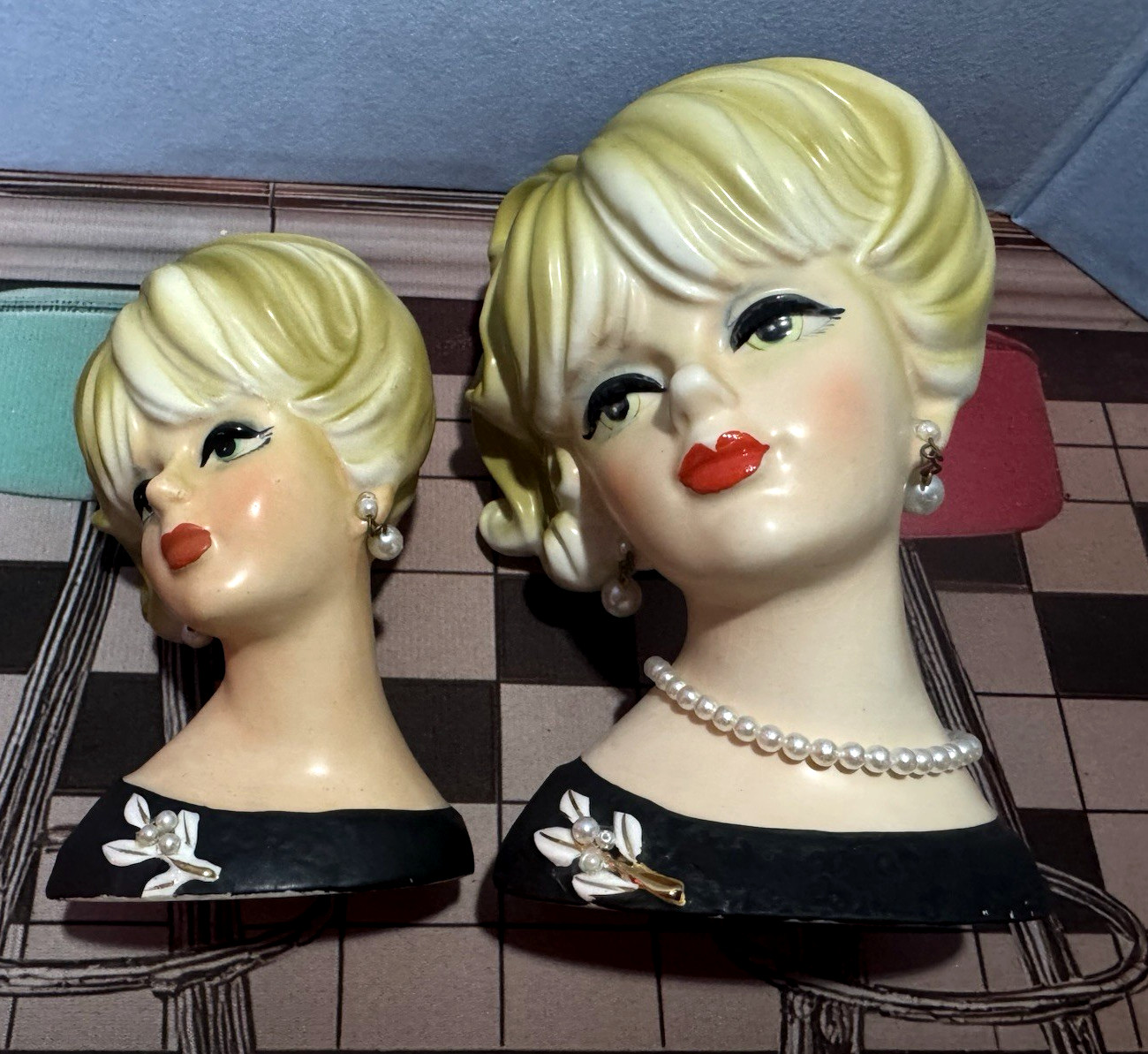 Lovely Pair of NAPCO Lady Head Vase C7472 & C7471 Blondes Black Dress