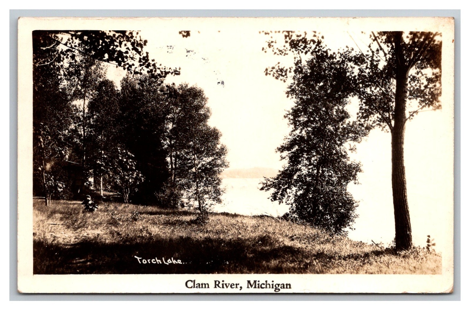 Torch Lake Clam River Michigan MI Nature Landscape Vintage RPPC Postcard 1939