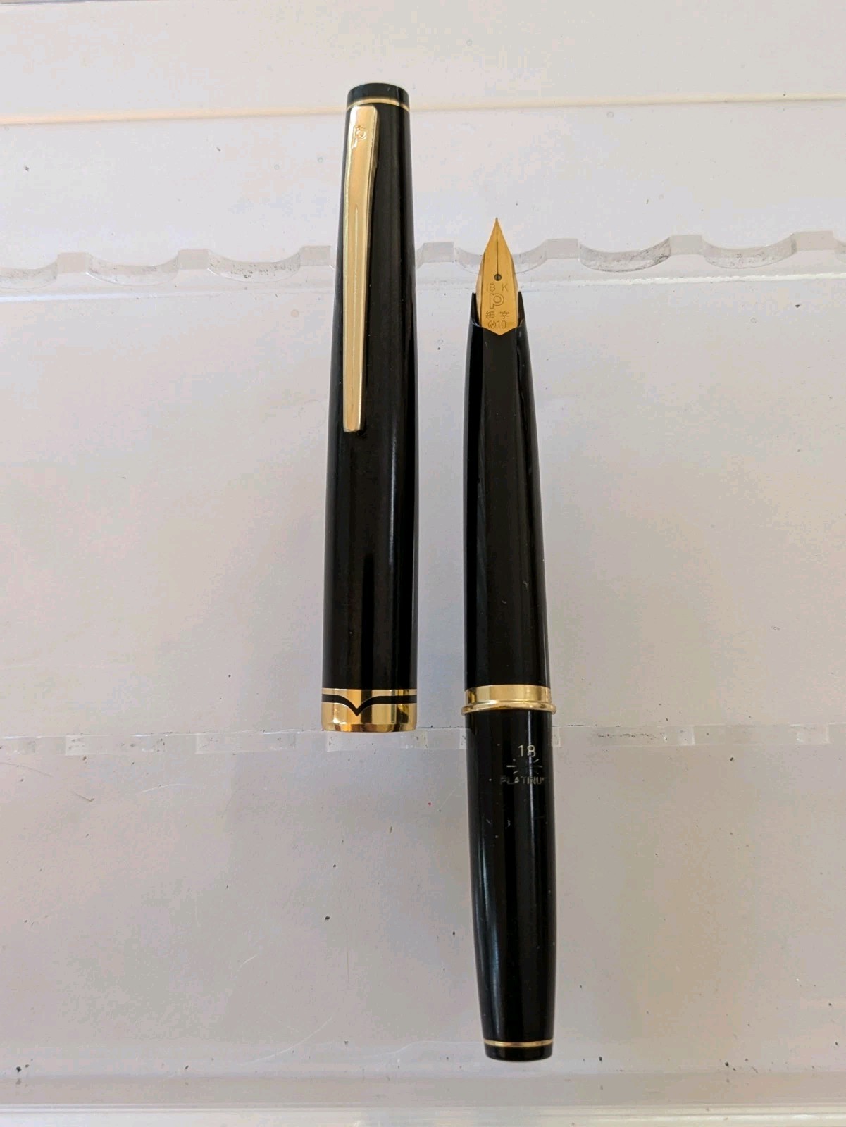 vtg Black Gt Platinum Short Fountain Pen - Huge 18k Nib
