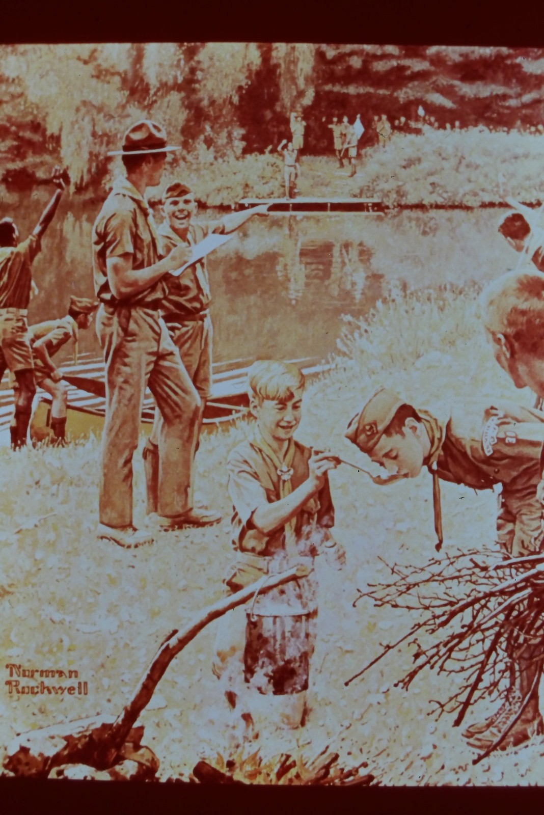 c1950's 35mm Slide Film Norman Rockwell Boy Scouts Campfire Canoes American Dock