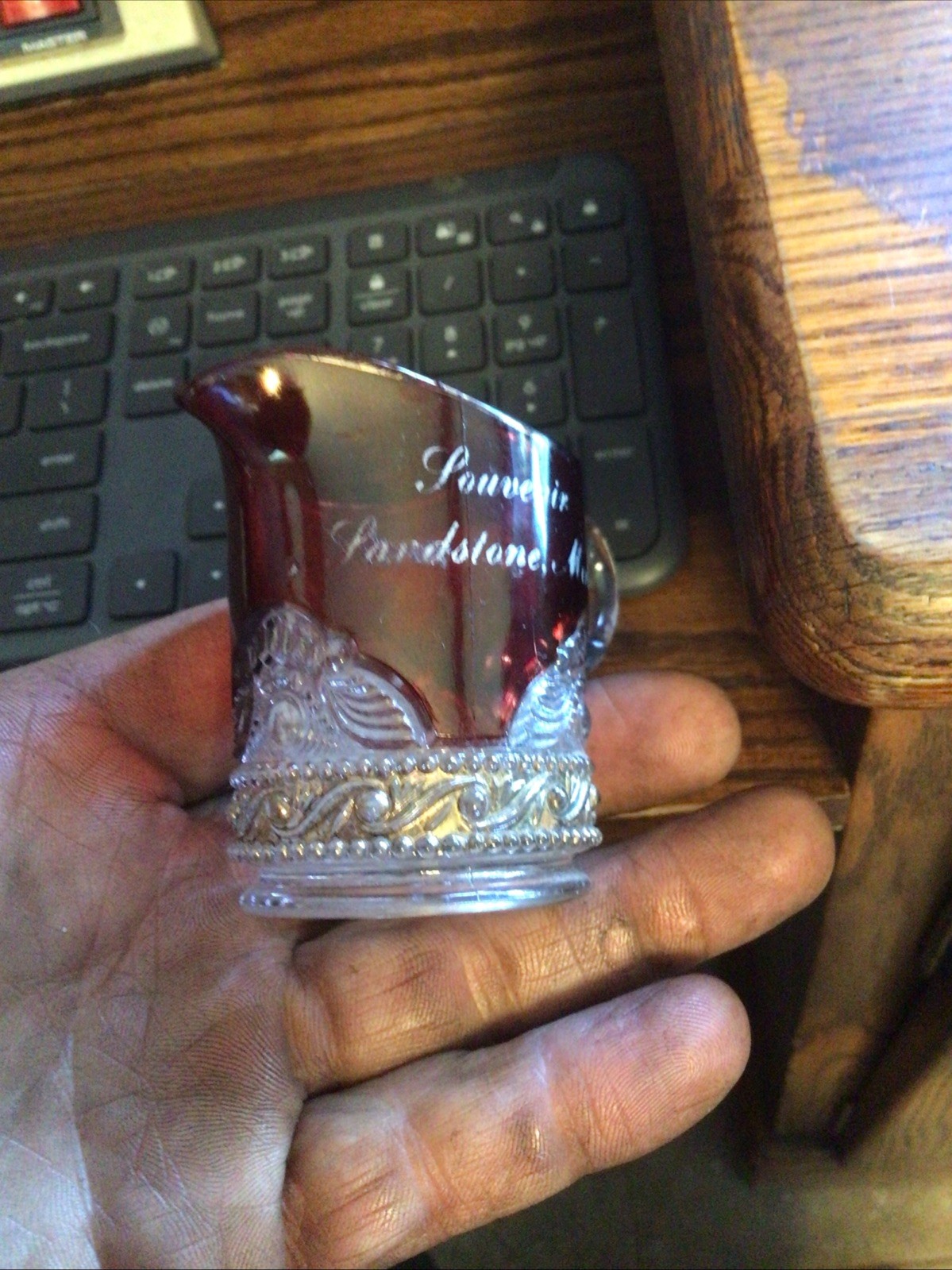 2.75” RUBY FLASH SOUVENIR CUP SANDSTONE MINN  EAPG MN MINN 1900’s 