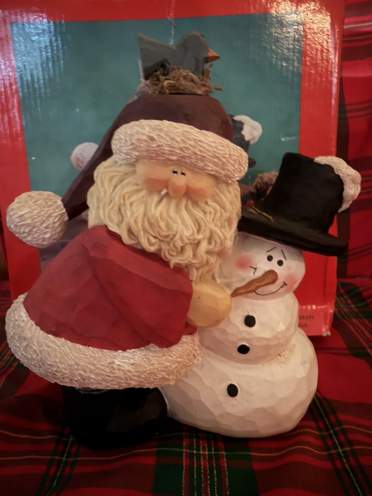 Vintage Crazy Mountain Ceramic Santa With Snowman And Bluebird 1997