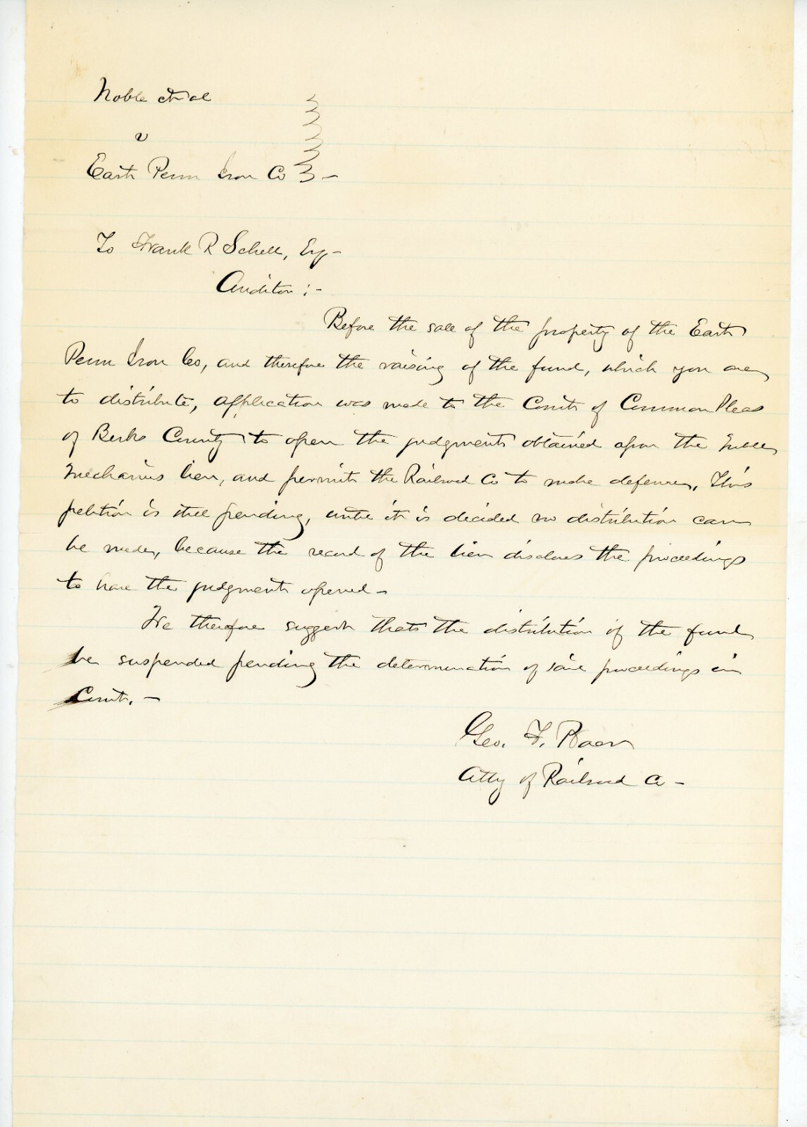 George F Baer East Penn Iron PA Noble Bros Frank Schell signed letter C1880