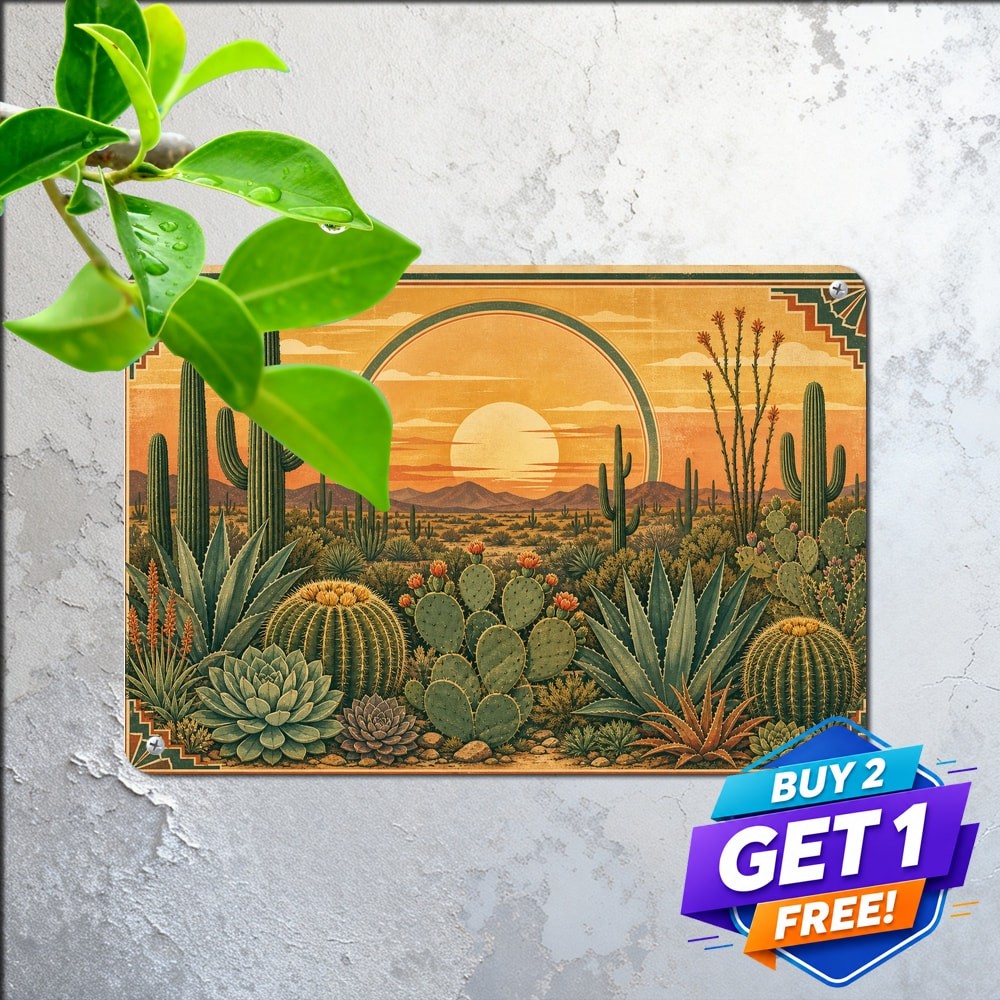 Desert Cactus Green Landscape Sign Sunset Southwestern Metal Decor