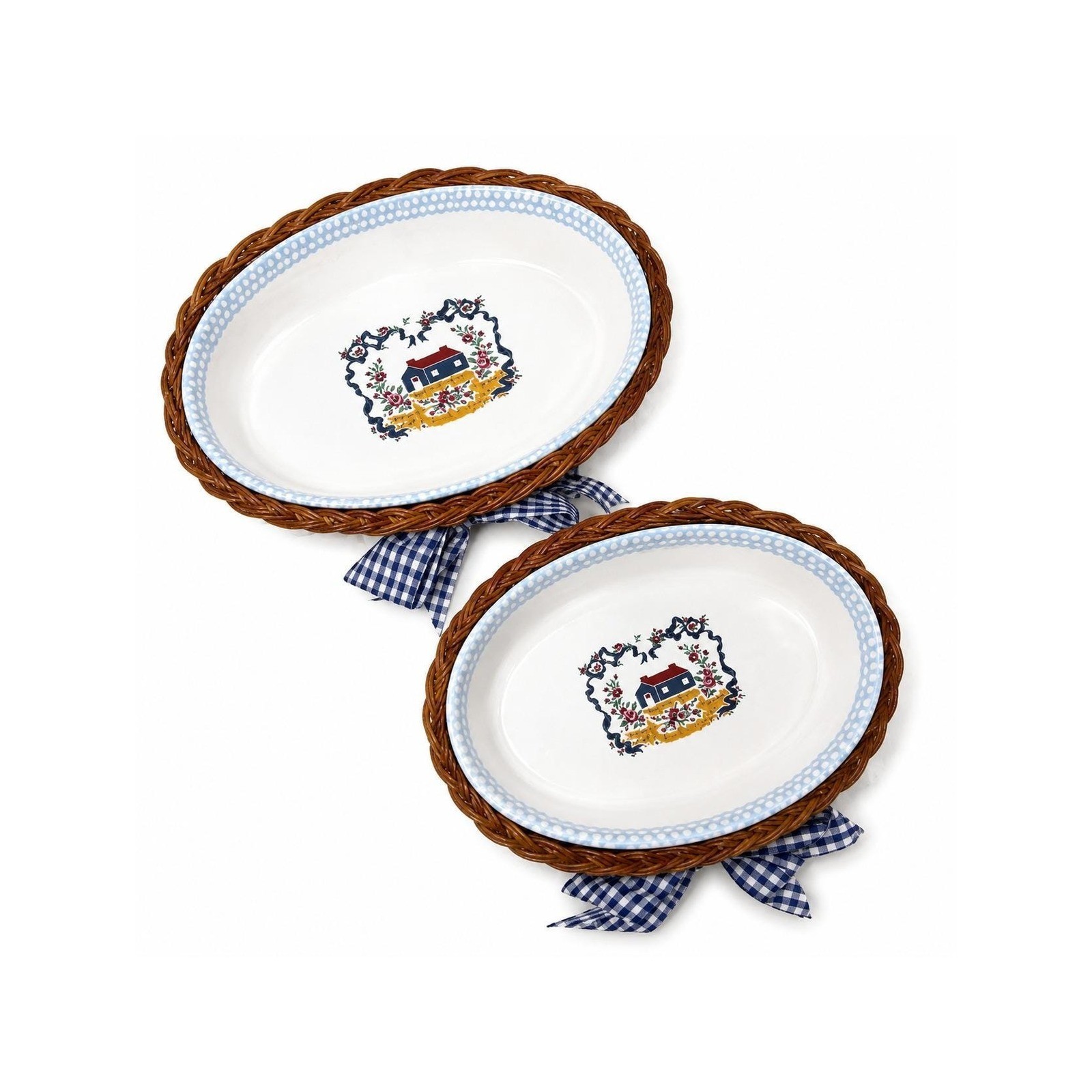 Vintage 1995 Teamson Stoneware Country Cottage Bowls Wicker Baskets Set of 2