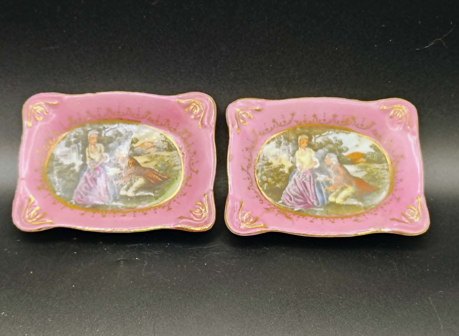 Pair Vintage Trinket Dish Tray Victorian Courting Couple Occupied Japan ATC