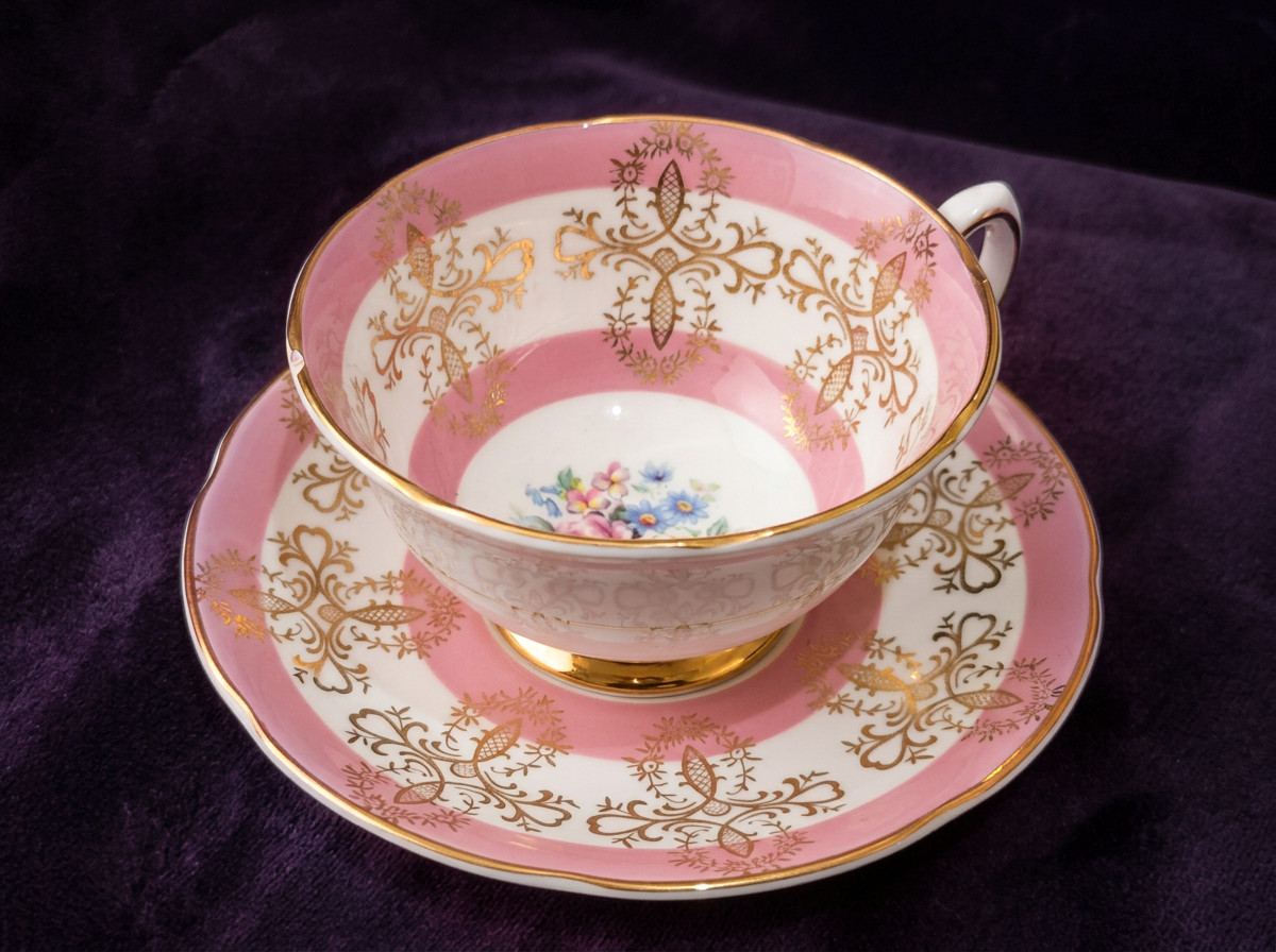 Vintage Pink & Gold Filigree Teacup and Saucer - Floral Nosegay - English Bone C