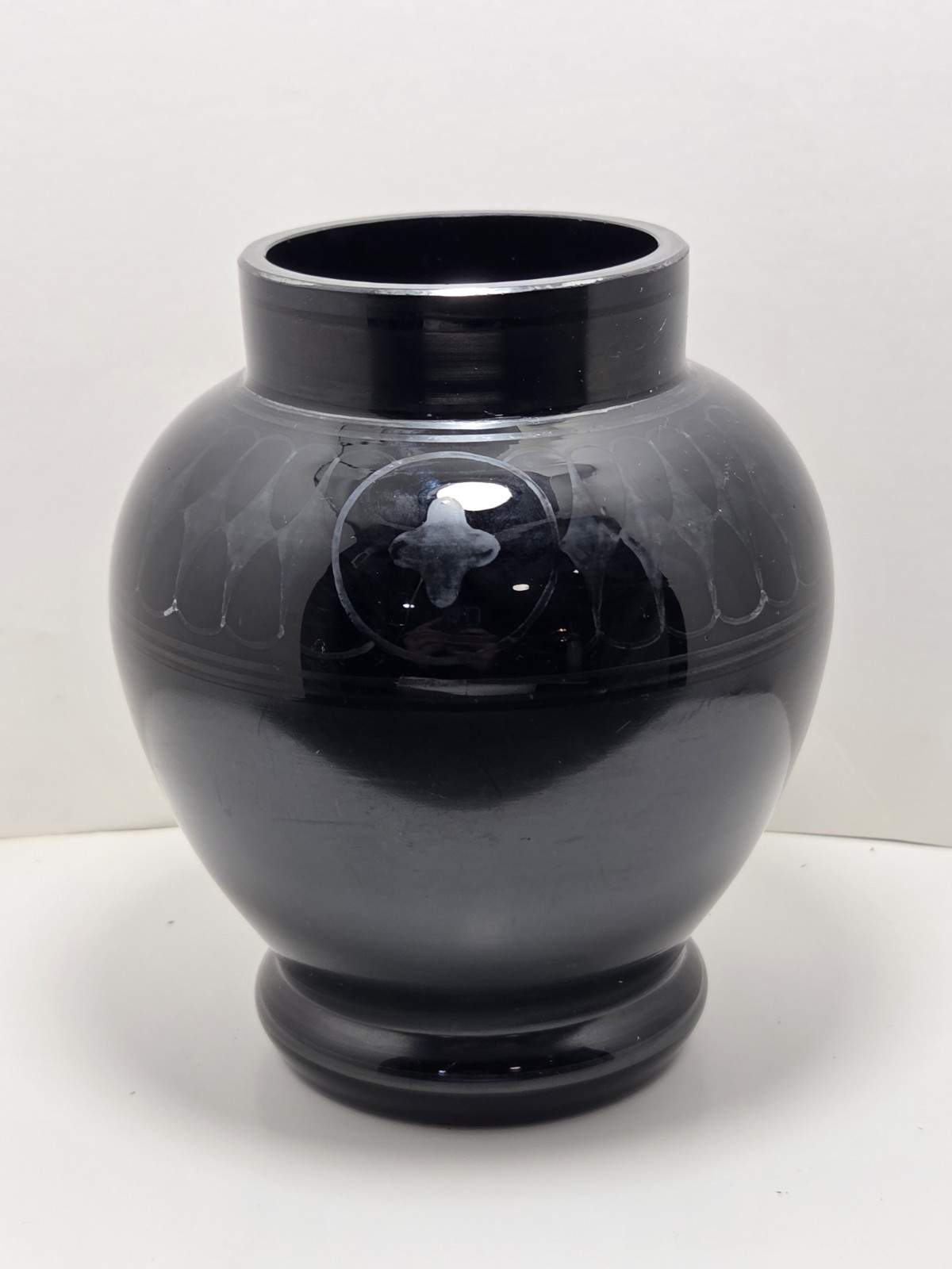 Vintage Czech Black Glass Urn Style Vase W/ Silver Infused Design