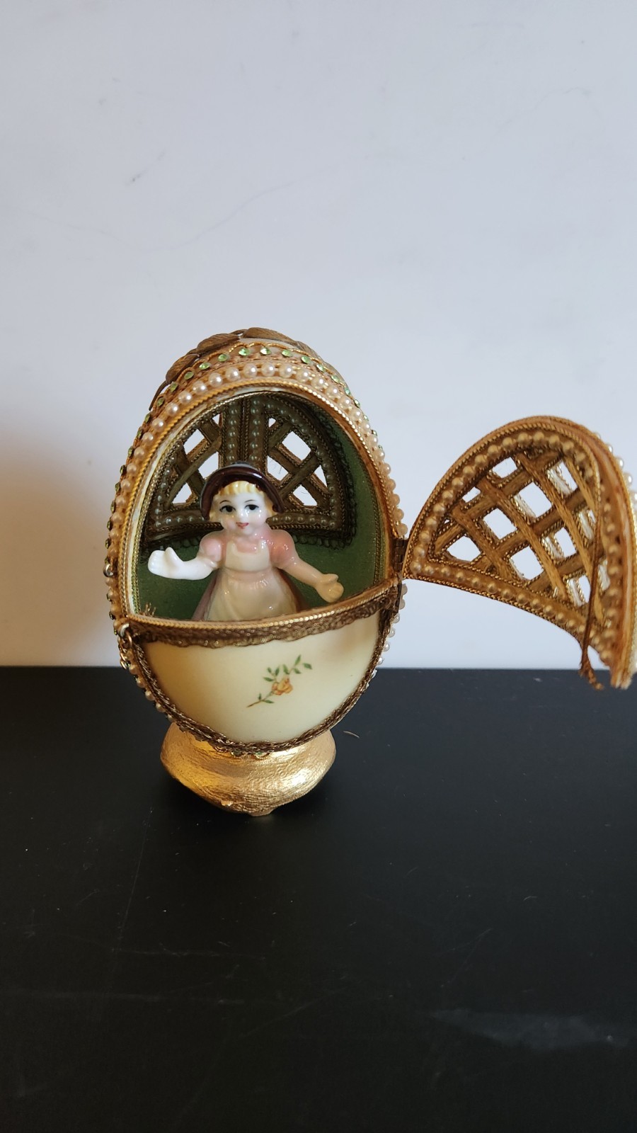 Vintage Decorative Egg Diorama  w Porcelain Girl Figurine Hand Crafted