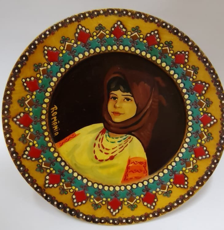 Vintage Romanian Folk Art Hand Painted Wooden Plate Portrait Wall Decor 1970s