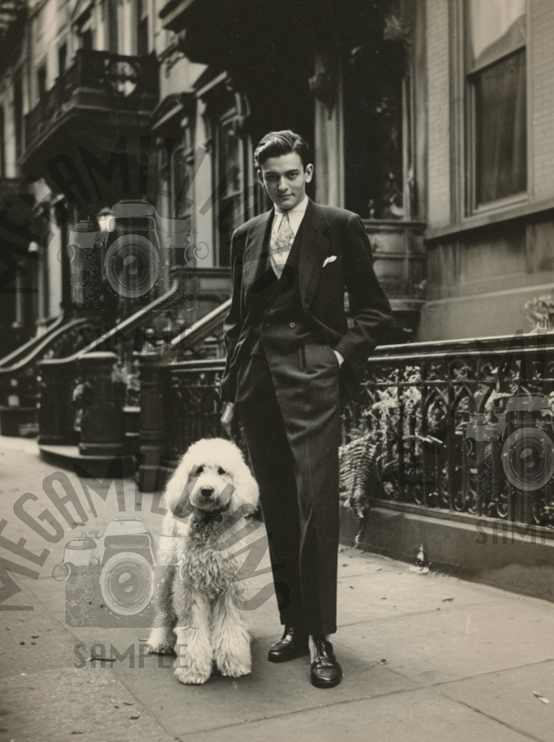 Vintage 1920s Photo of YOUNG MAN w Dog POODLE  - NEW YORK CITY 121 brownstone