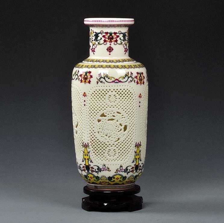 China Porcelain Famille Rose Hollow Ceramics Double-deck Flower Wooden Club Vase