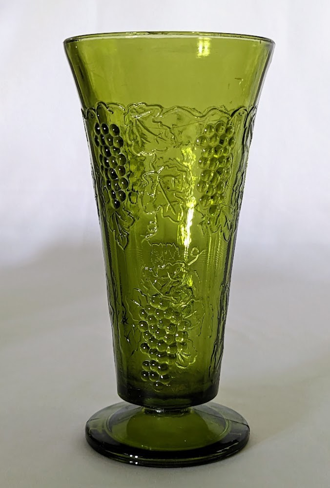 Vintage Indiana Glass Tall Footed Vase - Harvest Grape pattern in Colony Green 