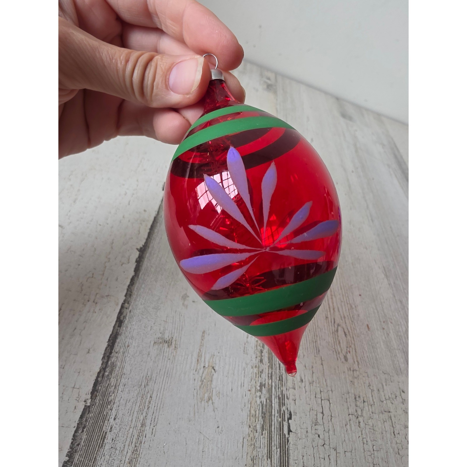 Vintage red teardrop tinsel striped ornament Xmas tree