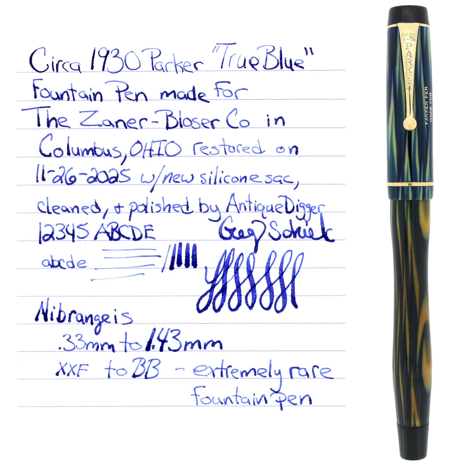 RARE CIRCA 1933 PARKER ZANER BLOSER LUCKY CURVE TRUE BLUE FOUNTAIN PEN RESTORED