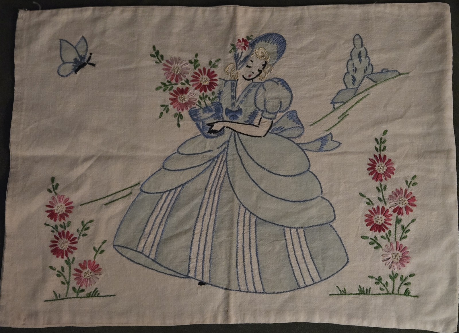 Vtg. Unused Crinoline Lady Pillowcase So. Belle Hand Embroidered 11 Vtg. Unused Crinoline Lady Pillowcase So. Belle Hand Embroidered 11