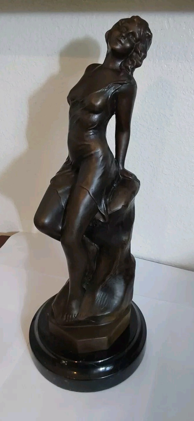 AUGUSTE MOREAU Bronze Lady Sculpture Marble Base-Signed 113 RD780899 Nice Shape