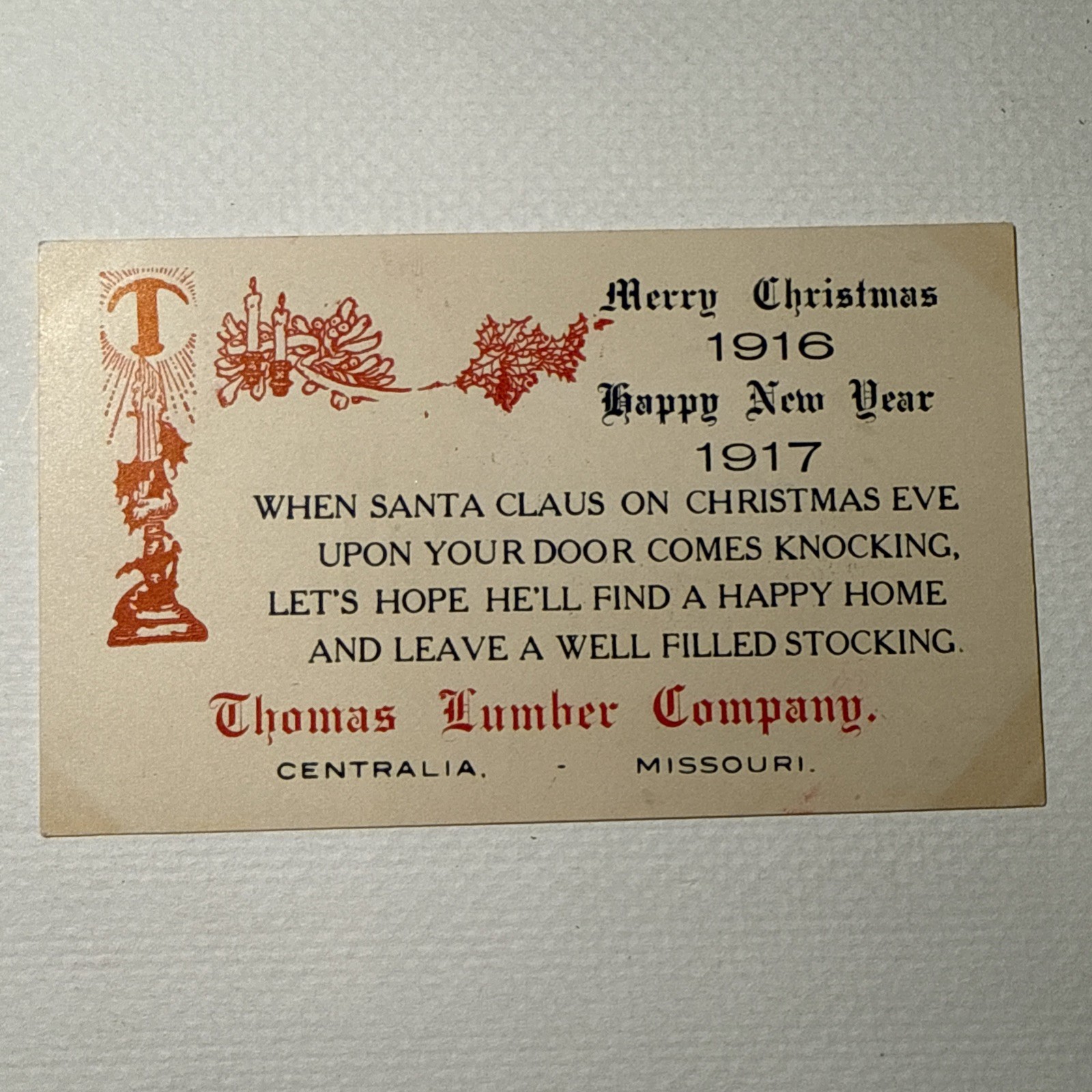 Vintage Early Advertising Trade Card 1916 Thomas Lumber Centralia Missouri Xmas
