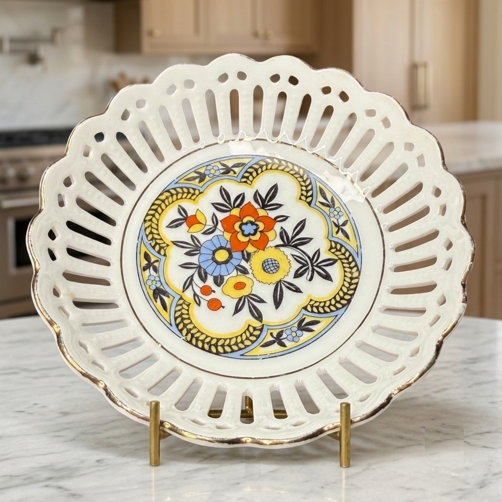 Vintage Germany Reticulated Lattice Floral Bowl Gold Trim Art Deco 5 Inch