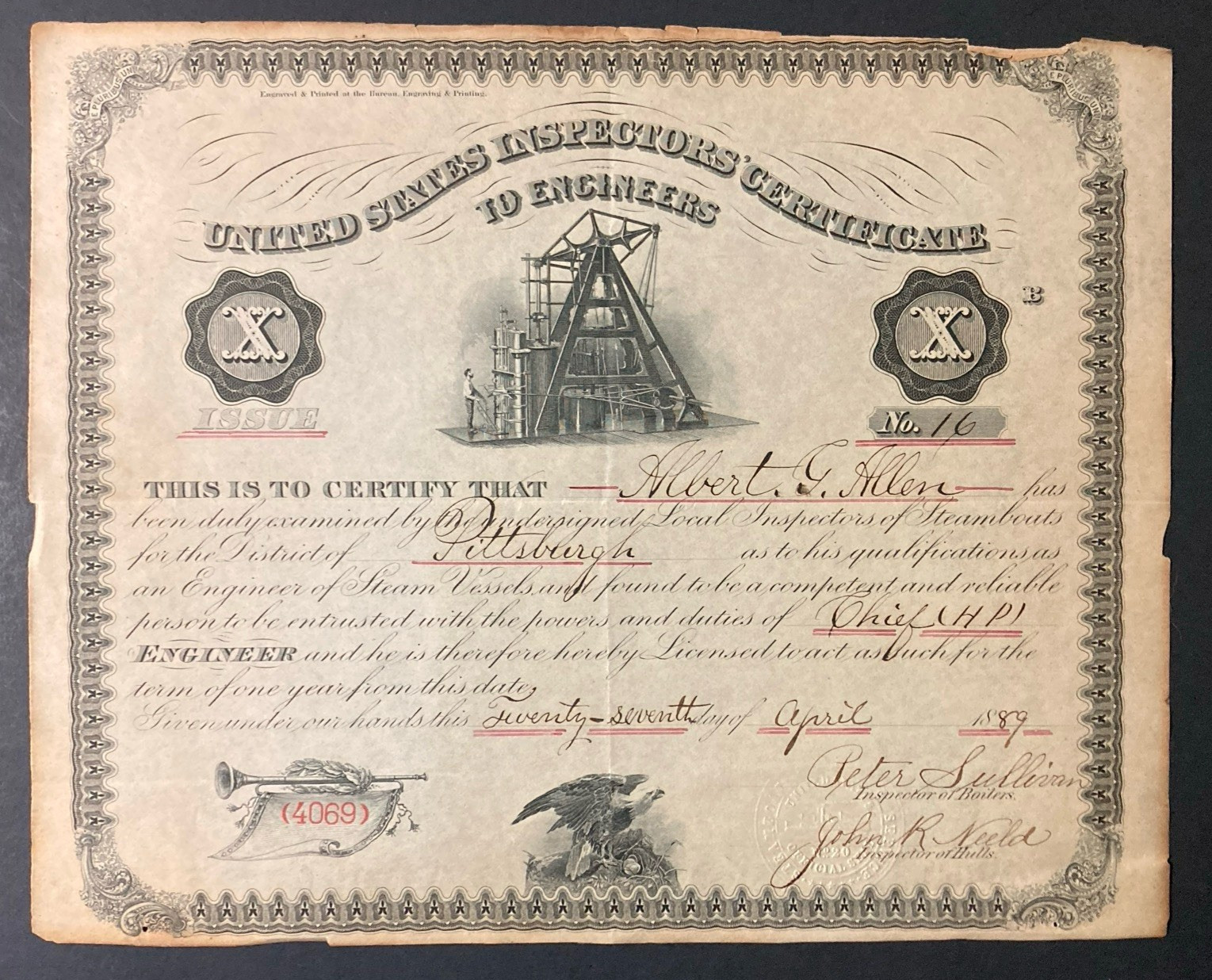 Vintage 1889 United States Inspectors\' Certificate To Engineers Vintage 1889 United States Inspectors\' Certificate To Engineers