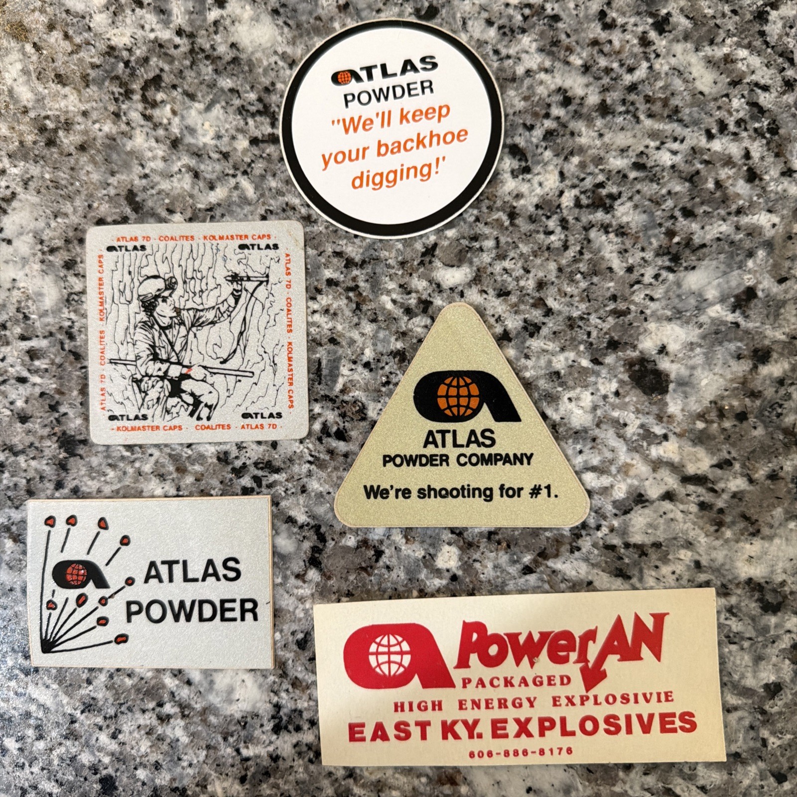 6 Vintage Atlas Powder Company Stickers “We’ll keep your backhoe digging” 6 Vintage Atlas Powder Company Stickers “We’ll keep your backhoe digging”