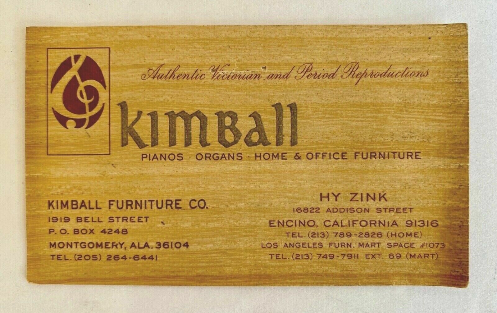 Vintage Business Card Kimball Pianos Organs Home Office Furniture Piano Organ