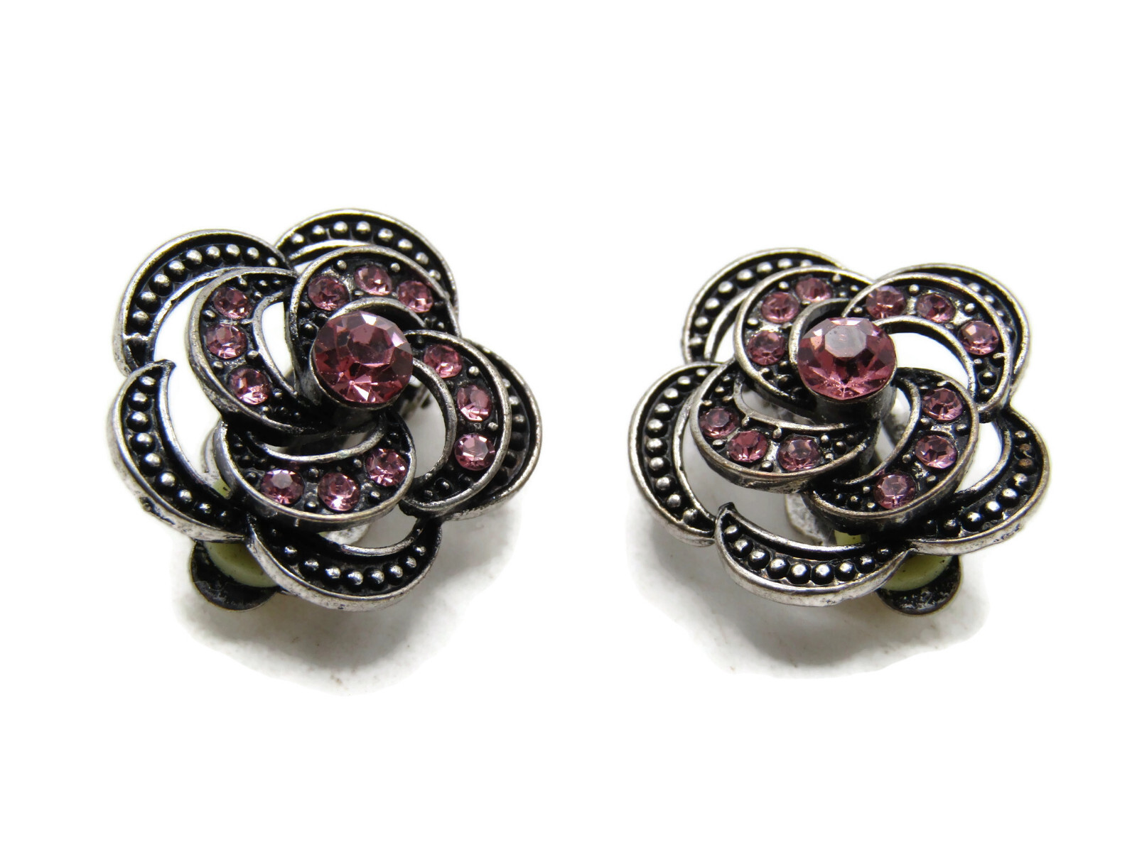 Vintage Style Pink Rhinestone Rose Flower Clip-On Earrings Gunmetal Silver Tone