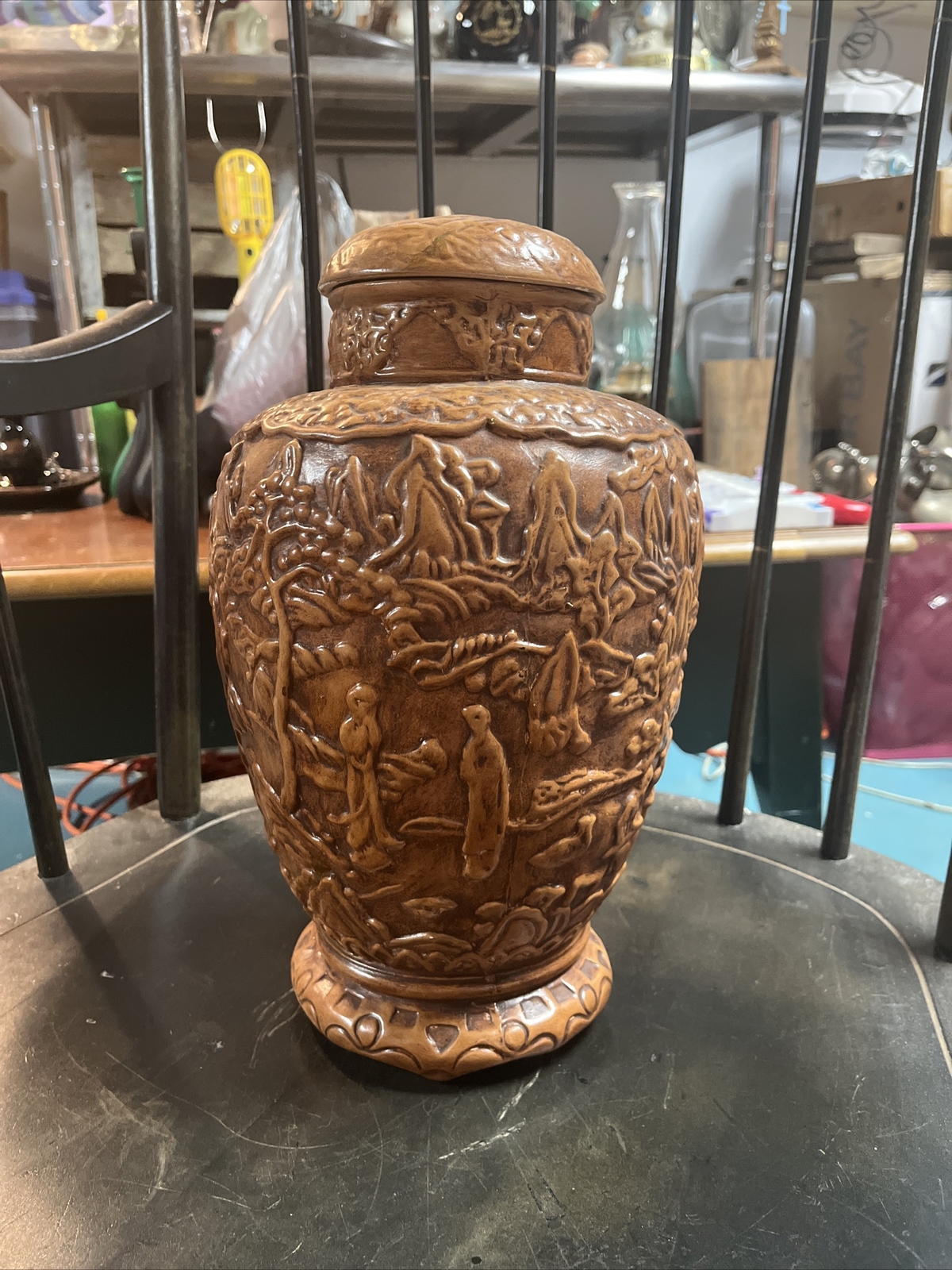 Vintage Arner\'s Ceramic Brown Asian Characters Urn W/ Lid.