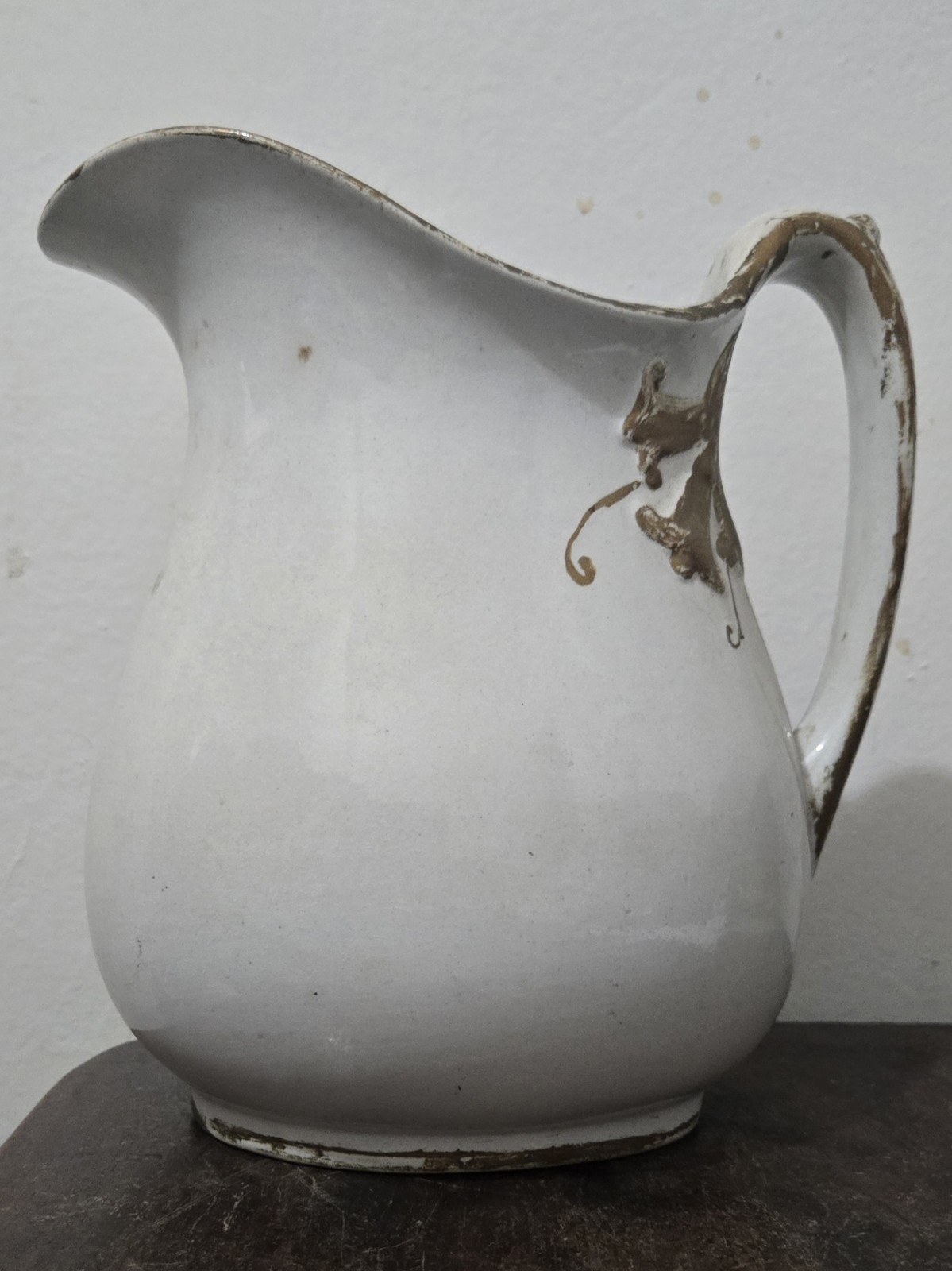 Antique Victorian English White Ironstone Pitcher Gold Gilt Crest Warranted 8.5 Antique Victorian English White Ironstone Pitcher Gold Gilt Crest Warranted 8.5