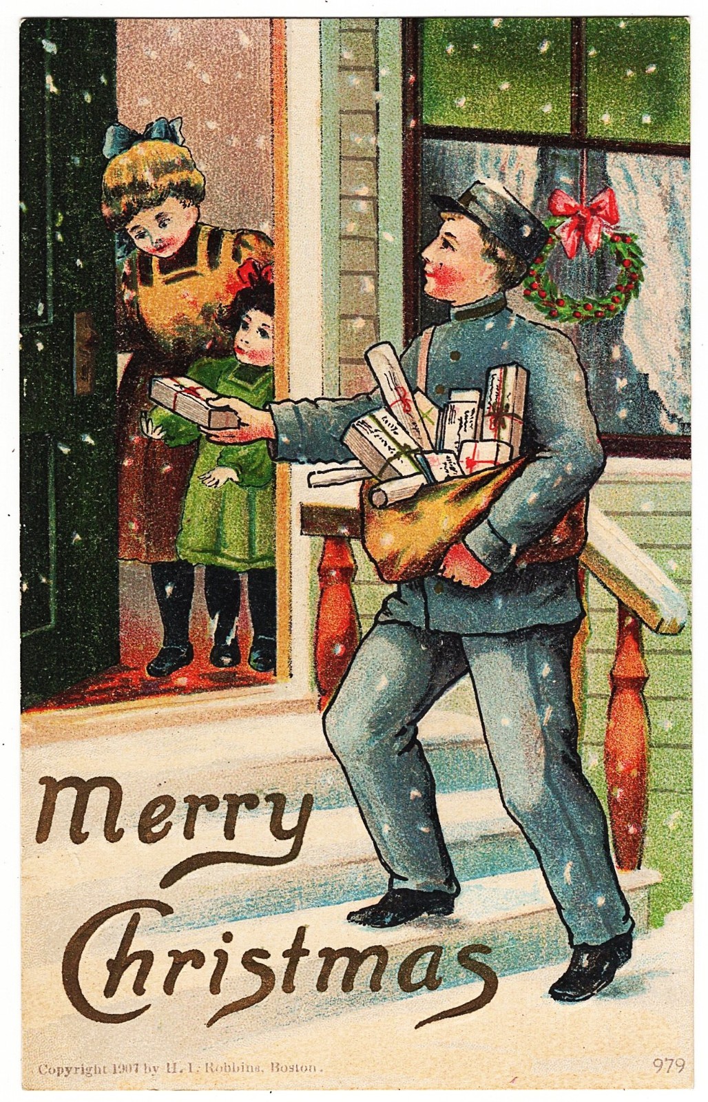 Postman Delivering Christmas Gifts mailed 1908 H I Robbins antique Christmas pc