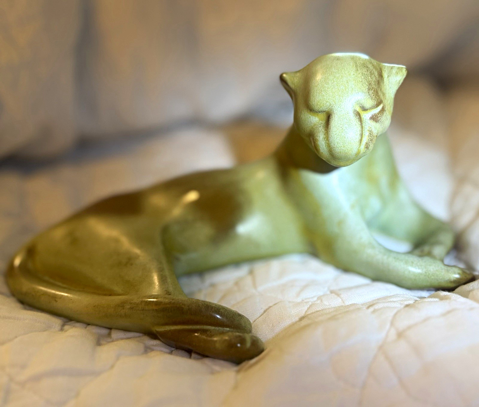 Vintage Frankoma116 Puma Cougar Panther Figurine In Highly Sought Prairie Green Vintage Frankoma116 Puma Cougar Panther Figurine In Highly Sought Prairie Green