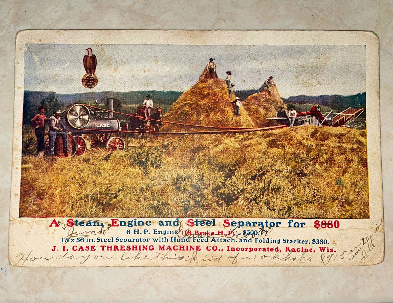 1916 Advertising Postcard JI Case Threshing Steam Engine Tractor Racine