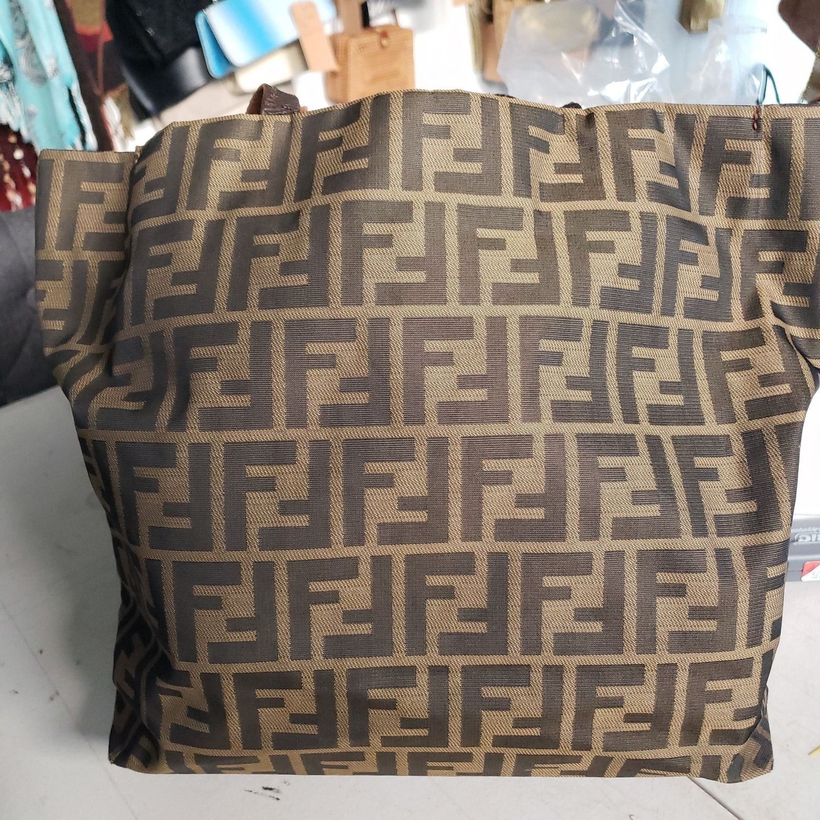 F1 Authentic Vintage Fendi Zucca Canvas Tote Bag with Leather Handles