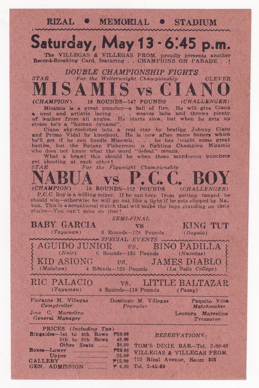 Vintage World War II Boxing Fight Program Flyer MISAMIS vs. CIANO