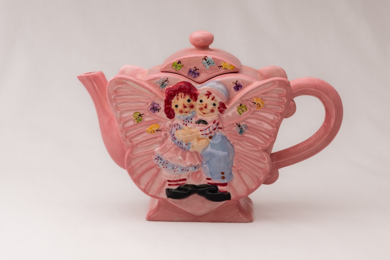 Pink Butterfly Raggedy Ann & Andy Teapot - Decorative Teapot Vintage AS IS